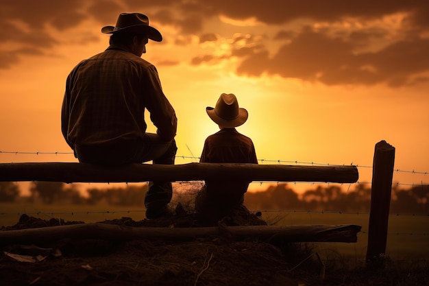 Padre e hijo se comunican al atardecer Silueta de dos vaqueros contra el telón de fondo del atardecer