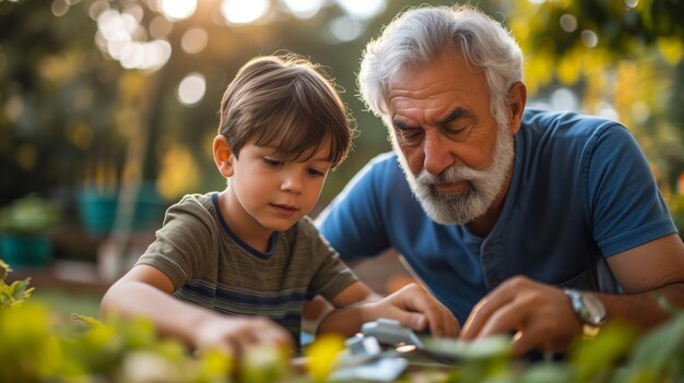 Foto padre e hijo construyen juntos un modelo de avión al aire libre