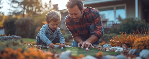 Foto padre e hijo construyendo un mini golf en el patio trasero