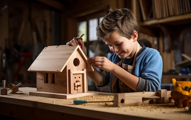 Padre e hijo crean juntos una casa de pájaros de madera