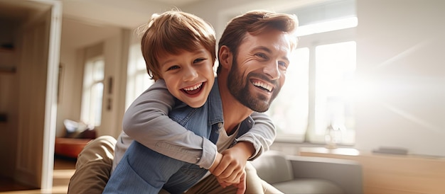 Foto padre e hijo disfrutan de actividades lúdicas en casa con un ambiente alegre