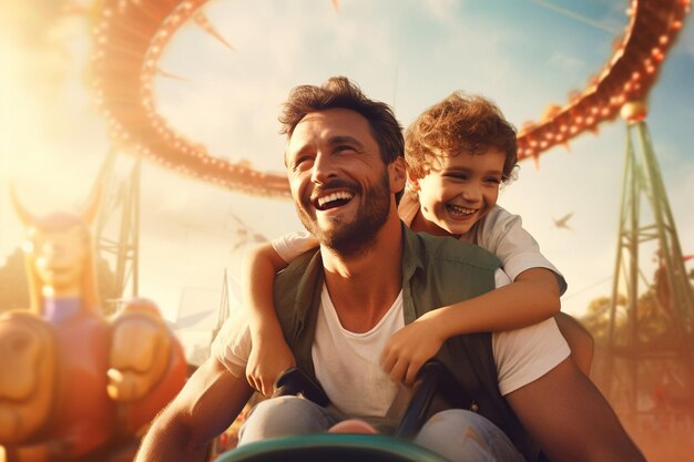 Padre e hijo disfrutando de un día en el parque de atracciones Generative ai