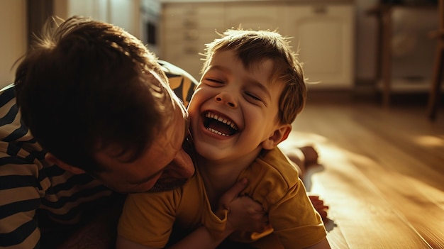 Foto padre e hijo divirtiéndose juntos en casa