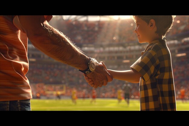 Foto padre e hijo se estrechan la mano en un partido de fútbol