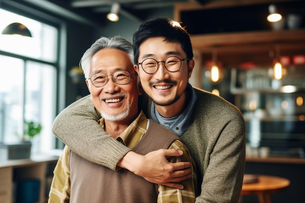 Padre e hijo felices disfrutan de quedarse en casa el Día del Padre con amor familiar