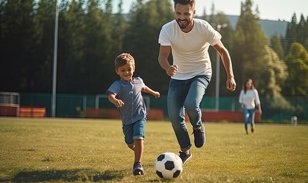 Foto padre e hijo jugando al fútbol en el campo