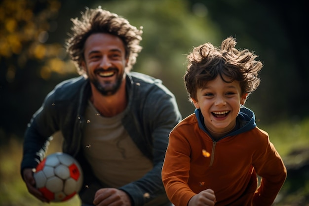 Padre e hijo jugando al fútbol con una pelota