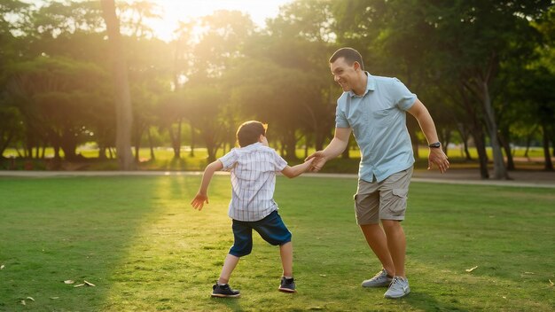 Padre e hijo jugando en el parque al atardecer la gente se divierte en el campo