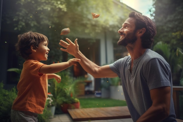 Foto padre e hijo jugando a la pelota en el generative ai