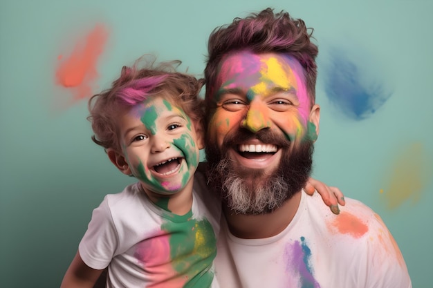 Padre e hijo jugando con pintura IA generativa