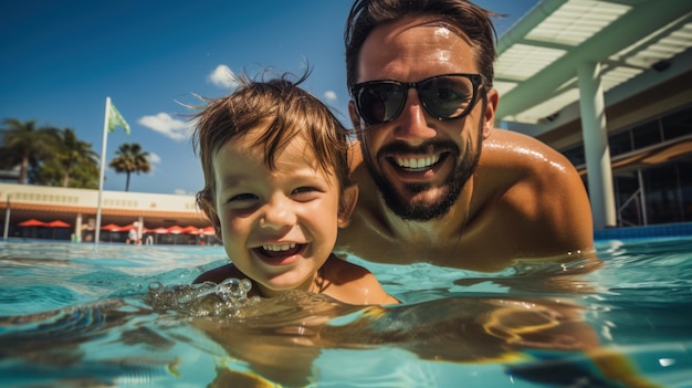 Padre e hijo jugando en la piscina