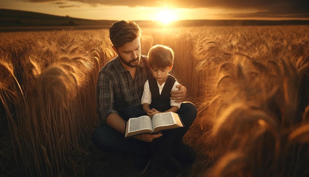 padre e hijo leyendo un libro en un campo de trigo