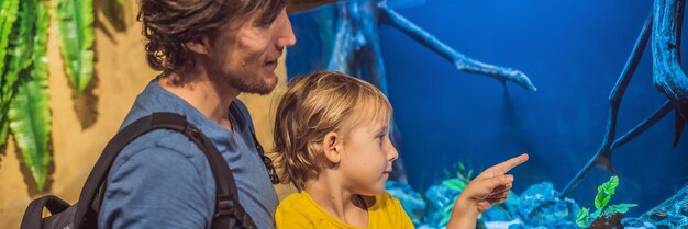 Padre e hijo mirando peces en un formato largo de pancarta de acuario de túnel