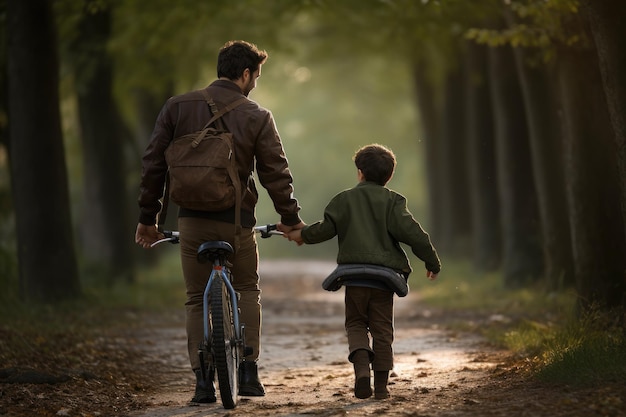 Padre e hijo montando bicicletas a lo largo del mar Foto en blanco y negro Un padre enseñando a su hijo a andar en bicicleta por primera vez Generado por IA