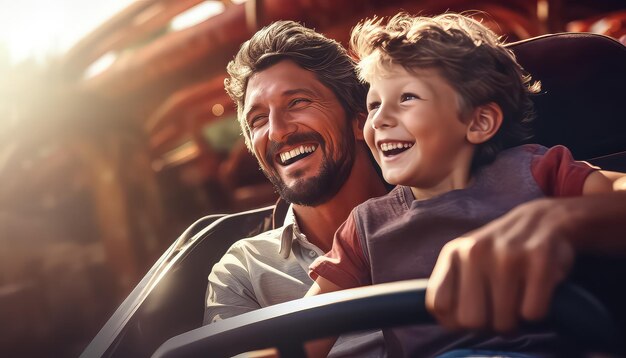 Padre e hijo montando en un parque de atracciones en un carnaval de conceptos de coches