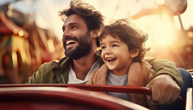 Padre e hijo montando en un parque de atracciones en un carnaval de conceptos de coches