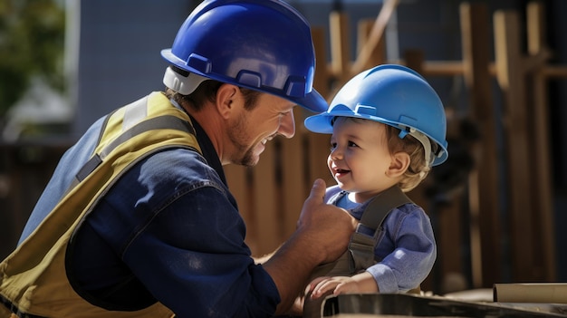 Padre e hijo pequeño jugando a trabajadores de la construcción realistas en uniformes especiales en un sitio de construcción