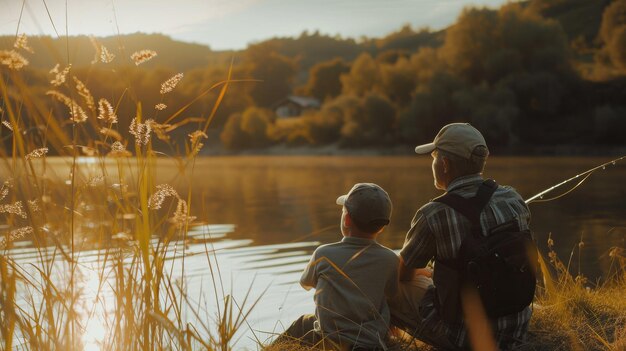 Foto padre e hijo pescando en el lago una experiencia de unión pacífica al aire libre día del padre