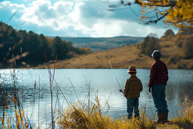 Foto padre e hijo pescando en un lago o río