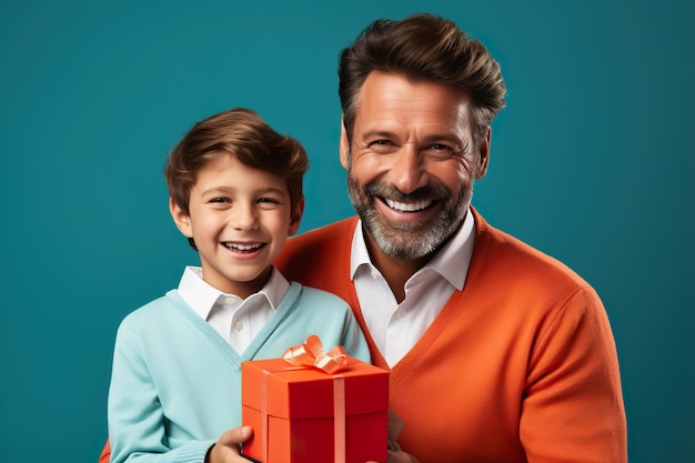 Padre e hijo con regalos en las manos vacaciones de año nuevo y navidad