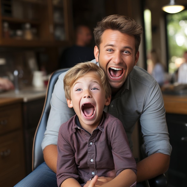 Padre e hijo riendo con la boca abierta.