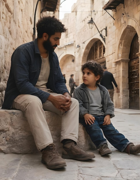 Padre e hijo sentados en la calle en la antigua ciudad de Jerusalén