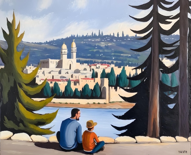 Padre e hijo sentados en la calle en la ciudad vieja de Jerusalén