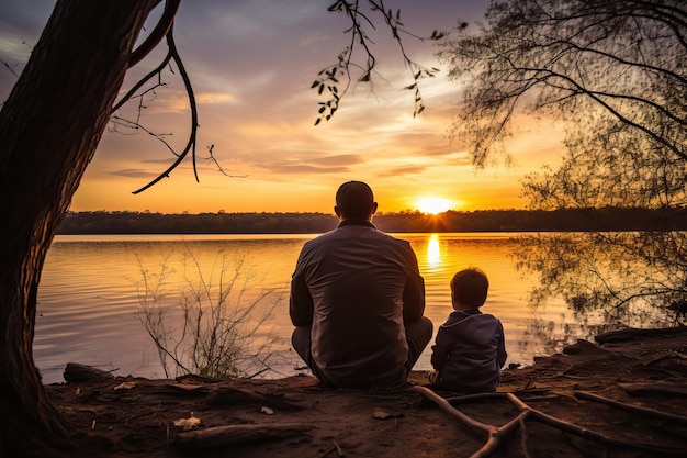 Padre e hijo sentados junto al río y viendo la puesta de sol con la atmósfera del crepúsculo
