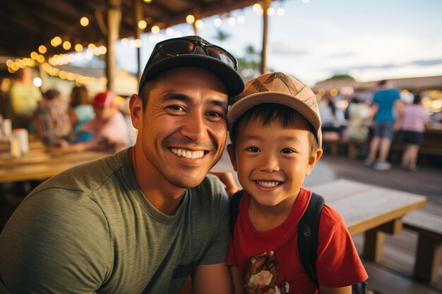 Padre e hijo sonriendo a la cámara