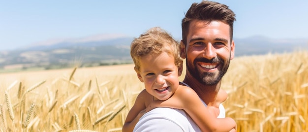 padre e hijo en sus hombros en el campo de trigo y el fondo del cielo azul en verano