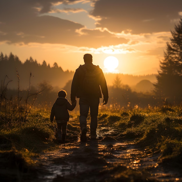 Padre e hijo se toman de la mano en el ai generativo de la tarde.