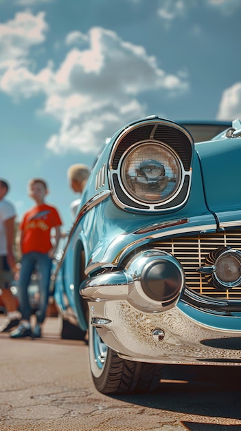Foto padre e hijo visitan la exposición de automóviles clásicos compartiendo la pasión por los automóviles antiguos y creando duraderos