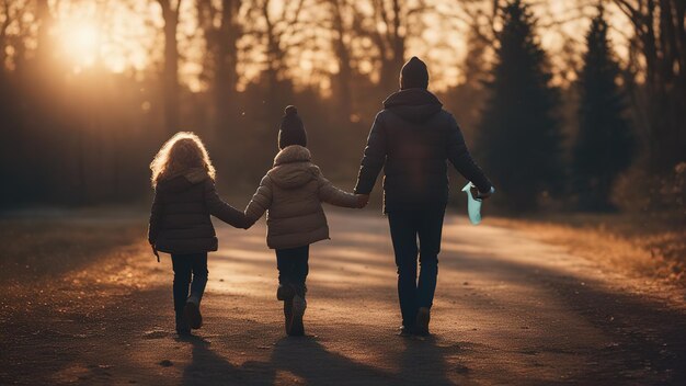 Padre e hijos caminando al aire libre familia feliz