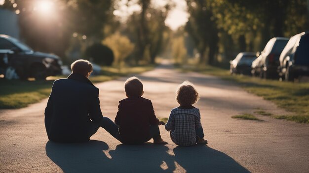 Padre e hijos caminando al aire libre familia feliz