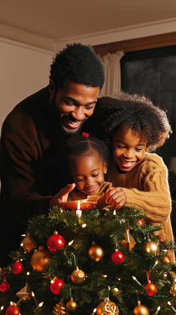 Padre e hijos decorando su árbol de Navidad generado por IA