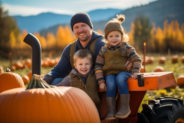 Padre e hijos en una granja de calabazas