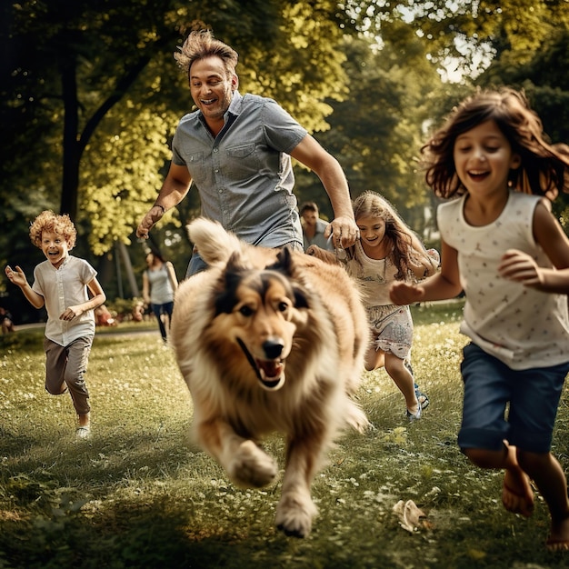 Padre e hijos juegan con perro en el parque