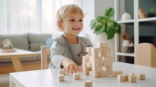 padre e hijos jugando con bloques de madera en la cocina en el estilo de la elegancia minimalista