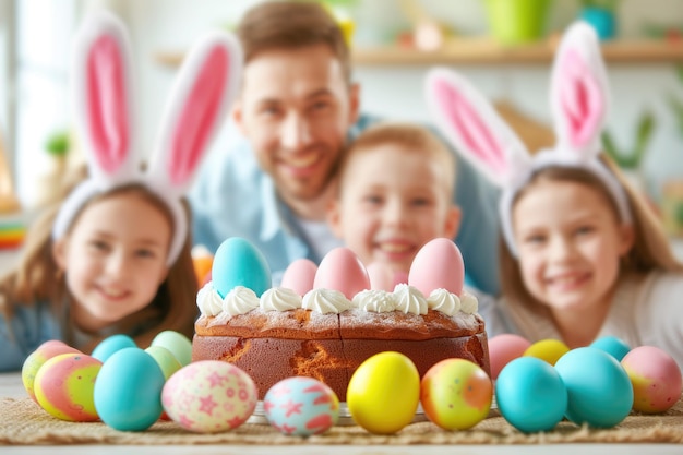 Padre e hijos en la mesa de la cena festiva con pastel de Pascua y huevos