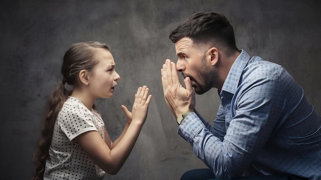 Padre enojado regañando a su hija en casa estudio de la familia emocional