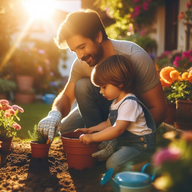 El padre enseña a plantar al niño para salvar el mundo