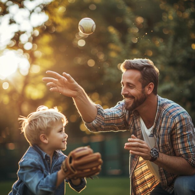 Foto padre enseña a su hijo a atrapar una pelota de béisbol en un cálido atardecer