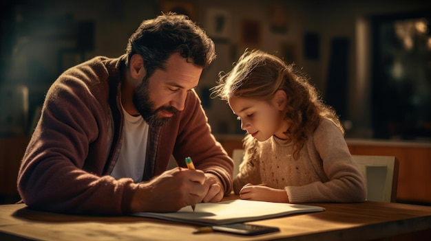 padre enseñando a su hija la tarea