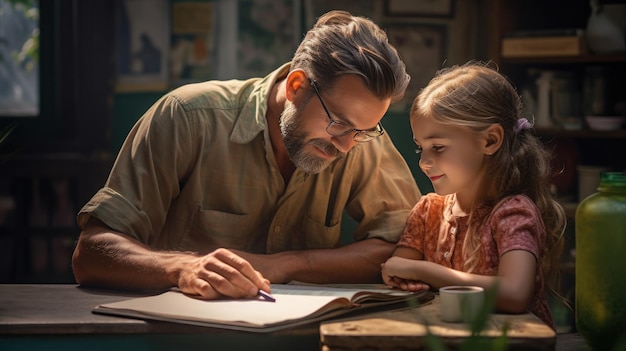 padre enseñando a su hija la tarea