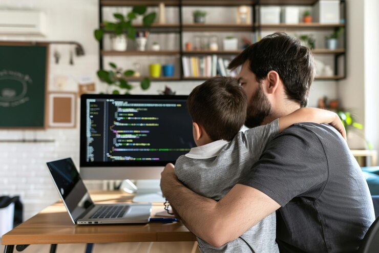 Foto padre enseñando a su hijo codificación básica en una computadora portátil ambos centrados en la pantalla