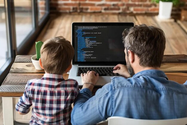 Padre enseñando a su hijo codificación básica en una computadora portátil ambos centrados en la pantalla