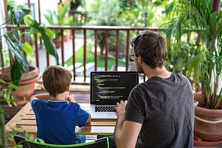 Foto padre enseñando a su hijo codificación básica en una computadora portátil ambos centrados en la pantalla