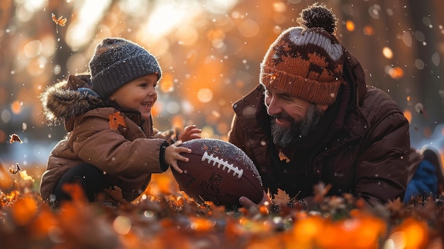 Padre enseñando a su hijo a jugar fútbol americano momento de enseñanza y diversión parque configuración hora de oro AI generativo