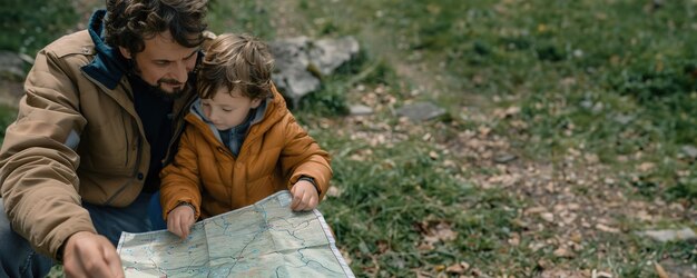 Padre enseñando a su hijo a leer un mapa al aire libre tiempo de unión