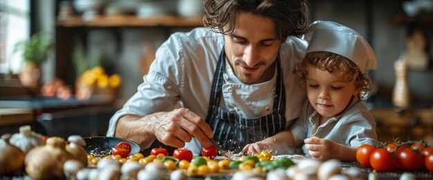 Padre enseñando a su hijo trucos de cocina